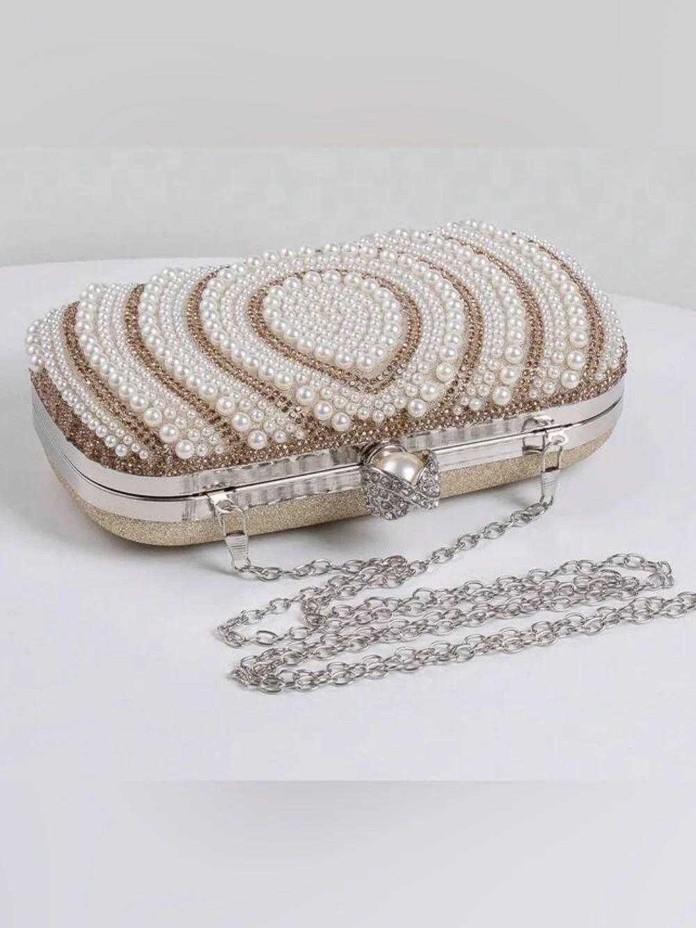 Pearl & Crystal Embellished Clutch - Champagne